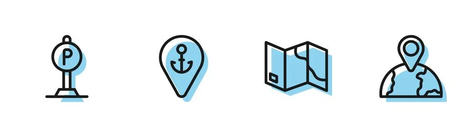 Set line Folded map, Parking, Location with anchor and the globe icon. Vector Illustrazione stock