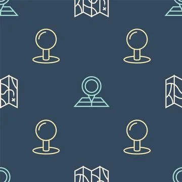 Set line Folded map, Push pin and with location marker on seamless pattern... Stock Illustration