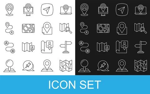 Set line Folded map Road traffic sign Search location City navigation Gps dev Stock Illustration