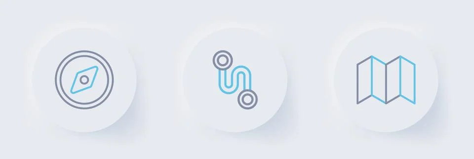 Set line Folded map, Route location and Compass icon. Vector Illustrazione stock