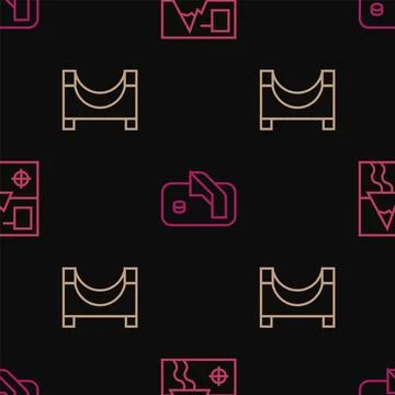 Set line Folded map, Skate park and Ice hockey goal on seamless pattern. Vect Ilustración de archivo