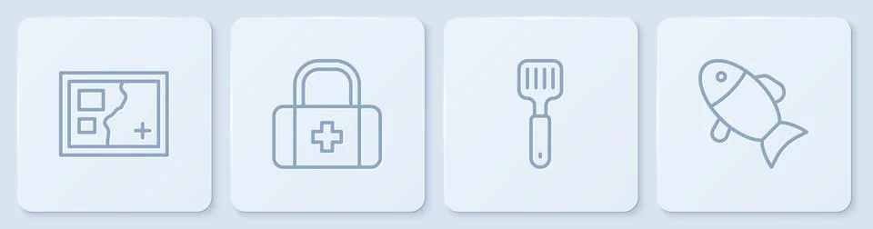Set line Folded map, Spatula, First aid kit and Fish. White square button 스톡 일러스트