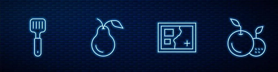 Set line Folded map, Spatula, Pear and Fruit. Glowing neon icon on brick wa.. Stock Illustration