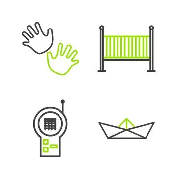 Set line Folded paper boat Baby Monitor Walkie Talkie crib cradle bed and han Stock Illustration