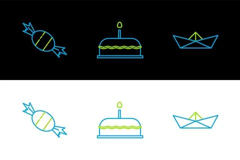Set line Folded paper boat, Candy and Cake with burning candles icon. Vector Stock Illustration
