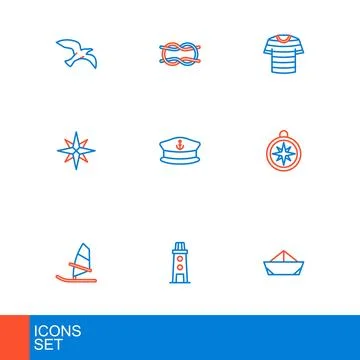 Set line Folded paper boat, Lighthouse, Windsurfing, Compass, rose, Captain.. Stock Illustration
