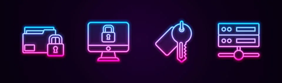 Set line Folder and lock, Lock on computer monitor, Marked key and Server, Data Stock Illustration