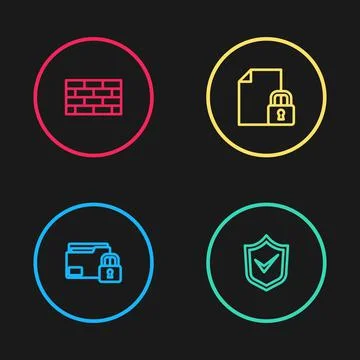 Set line Folder and lock, Shield with check mark, Document and Firewall イラスト素材
