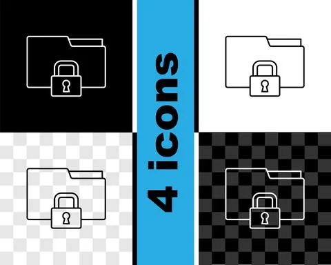 Set line Folder and lock icon isolated on black and white, transparent Stock Illustration