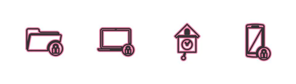 Set line Folder and lock, Retro wall watch, Laptop and Smartphone with icon Illustrazione stock