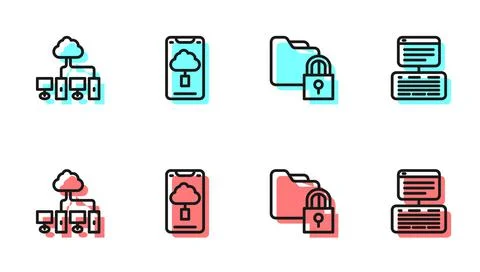Set line Folder and lock, Computer network, Cloud technology data transfer and Stock Illustration