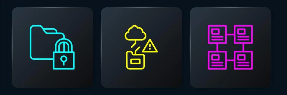Set line Folder and lock, Hierarchy organogram chart and Cloud technology data Stock Illustration