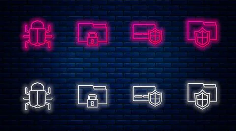 Set line Folder and lock, Credit card with shield, System bug and Document fo Illustrazione stock