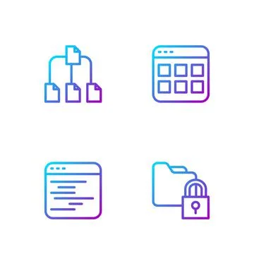 Set line Folder and lock, Software, tree and Browser files. Gradient color icons Illustrazione stock