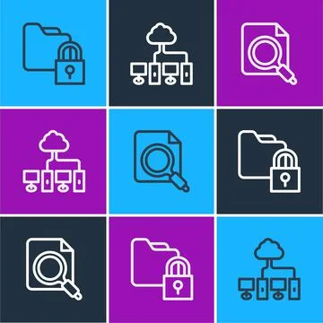 Set line Folder and lock, Search concept with folder and Computer network ico Stock Illustration