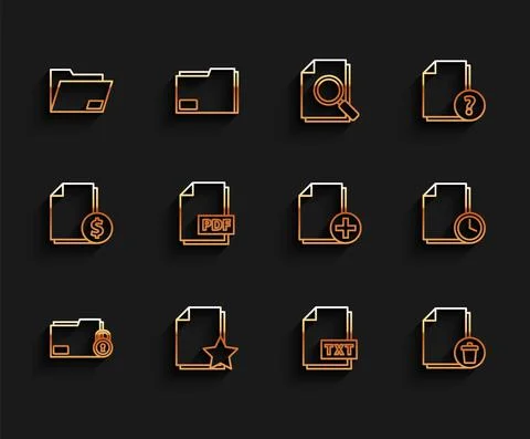 Set line Folder and lock, Document with star, folder, TXT file document, Delete Stock Illustration