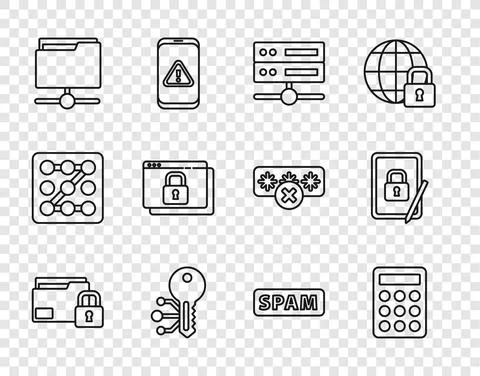 Set line Folder and lock, Password protection, Server, Data, Web Hosting Stock Illustration