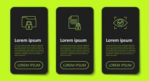 Set line Folder and lock, Document and Eye scan. Business infographic template Stock Illustration