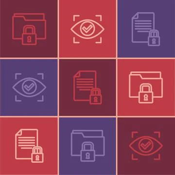 Set line Folder and lock, Document and Eye scan icon. Vector Illustrazione stock