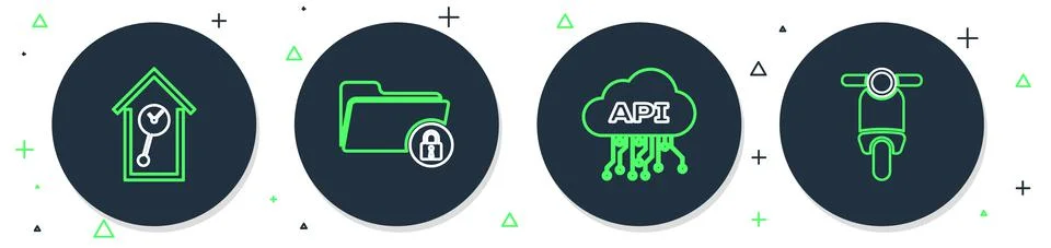 Set line Folder and lock, Cloud api interface, Retro wall watch and Scooter icon Illustrazione stock