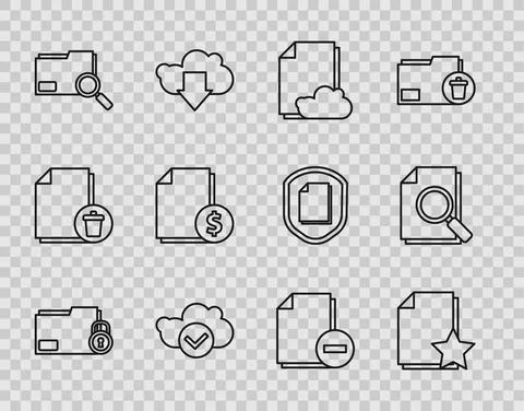 Set line Folder and lock, Document with star, Cloud storage text document, check Stock Illustration