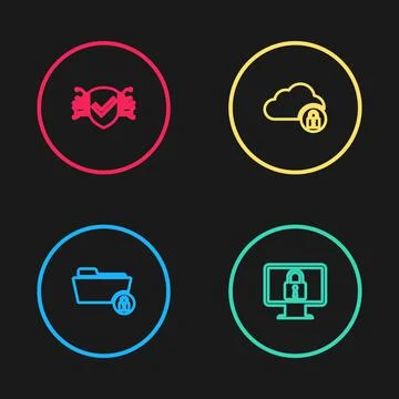 Set line Folder and lock, Lock on monitor, Cloud computing and Cyber security 스톡 일러스트