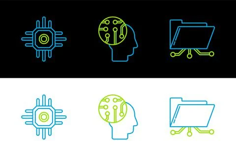 Set line Folder and lock, Processor and Human brain as digital circuit board Illustrazione stock