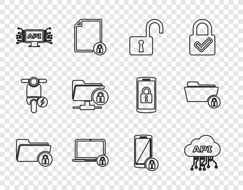 Set line Folder and lock, Cloud api interface, Open padlock, Laptop, Computer Illustrazione stock