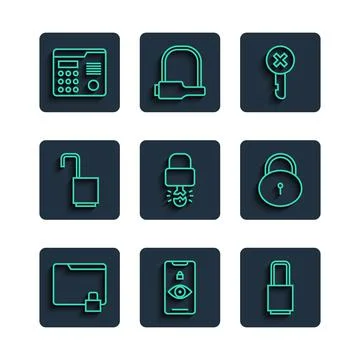 Set line Folder and lock, Eye scan, Lock, Wrong key, Key broke inside of padlock Stock Illustration