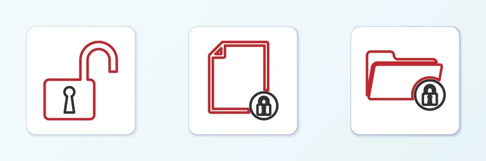 Set line Folder and lock, Open padlock and Document icon. Vector Stock Illustration
