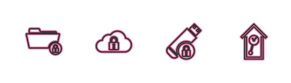 Set line Folder and lock, USB flash drive with, Cloud computing and Retro wall Illustrazione stock
