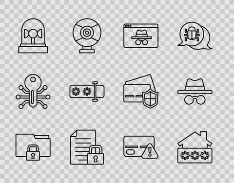Set line Folder and lock, House with password, Browser incognito window Illustrazione stock