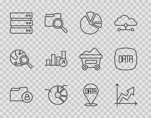 Set line Folder and lock, Financial growth, Pie chart infographic, Server, Data Stock Illustration
