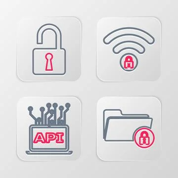 Set line Folder and lock, Computer api interface, Wifi locked and Open padlock Stock Illustration