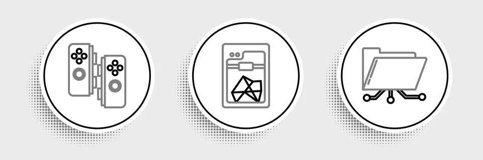 Set line Folder and lock, Gamepad and 3D printer icon. Vector Stock Illustration