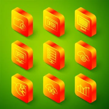 Set line Folder and lock, Data analysis, Binary code, Server, Cloud computing Illustrazione stock