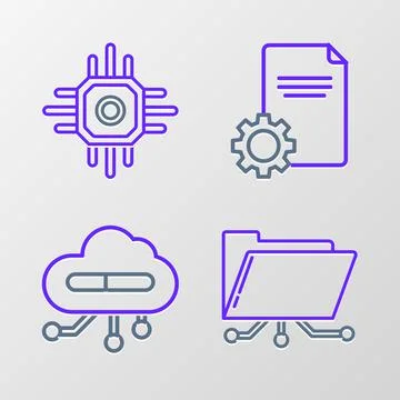 Set line Folder and lock, Internet of things, File document and Processor icon Stock Illustration