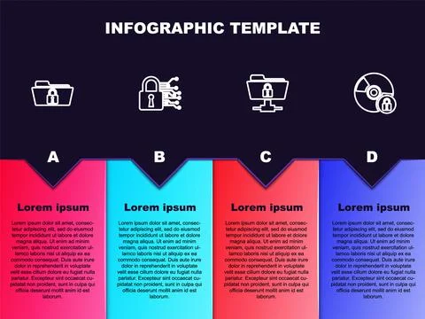 Set line Folder and lock, Cyber security, FTP folder and CD or DVD disk with Stock Illustration