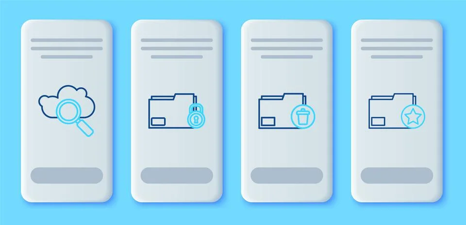 Set line Folder and lock, Delete folder, Search cloud computing and Document  Illustrazione stock