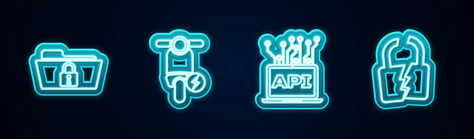 Set line Folder and lock, Electric scooter, Computer api interface and Broken or Illustrazione stock