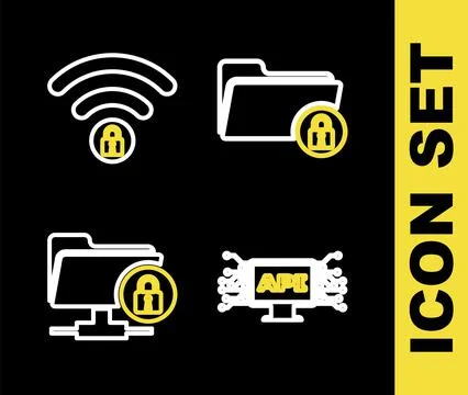 Set line Folder and lock, Computer api interface, FTP folder and Wifi locked 스톡 일러스트