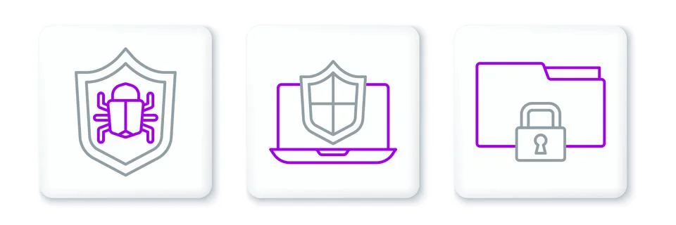 Set line Folder and lock, System bug and Laptop protected with shield icon. V Stock-Illustration