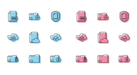 Set line Folder and lock, Document folder, DOC file document, Finance, Cloud  Stock Illustration