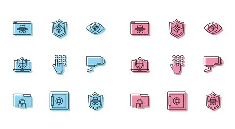 Set line Folder and lock, Safe, Browser incognito window, Incognito mode, Pas Stock Illustration