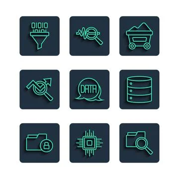 Set line Folder and lock, Processor CPU, Search with folder, Coal mine trolley Stock Illustration