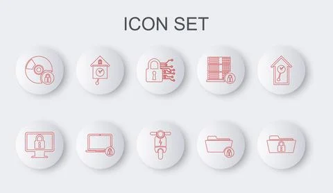 Set line Folder and lock, Lock on monitor, Cyber security, CD DVD disk with Illustrazione stock