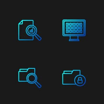 Set line Folder and lock, Search with folder, Document graph chart and Binary Stock Illustration