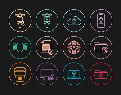 Set line Folder and lock, Cloud computing, Document, Cyber security, Electric 스톡 일러스트