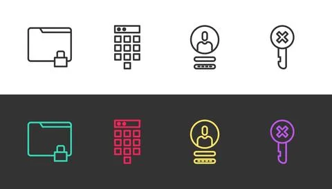 Set line Folder and lock, Password protection, Create account screen and Wrong Stock Illustration
