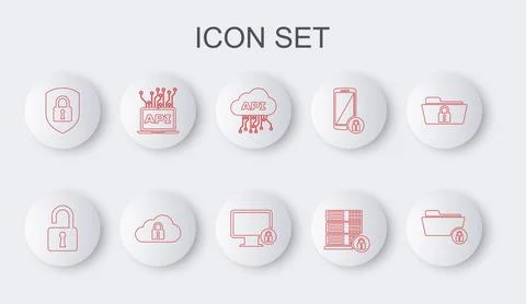 Set line Folder and lock, Open padlock, Cloud api interface, Server security Stock Illustration